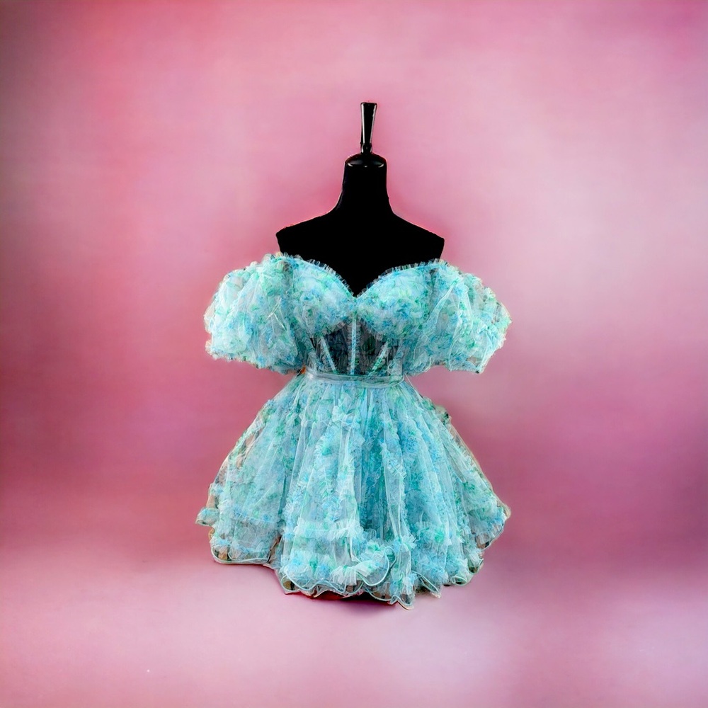 Sherri Hill Aqua Blue Off-Shoulder Ruffled Prom Dress